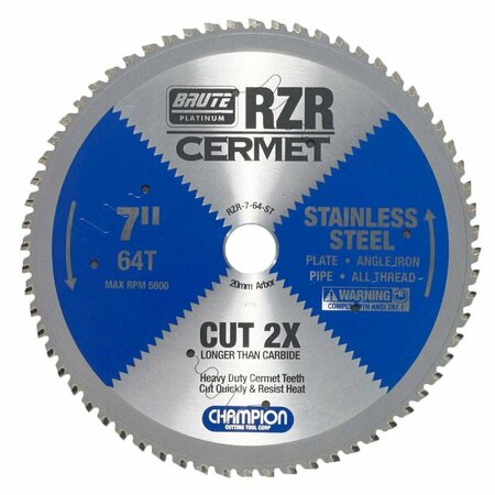 BRUTE PLATINUM 7in Brute RZR Cermet Tipped Circular Saw Blades for Stainless Steel, 64 Teeth, 20mm Arbor CHA RZR-7-64-ST